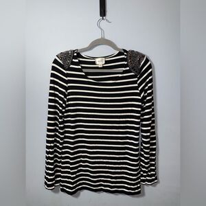 ECI Striped Stretchy Rhinestone Shoulder Detailed Long sleeve top Size M EUC